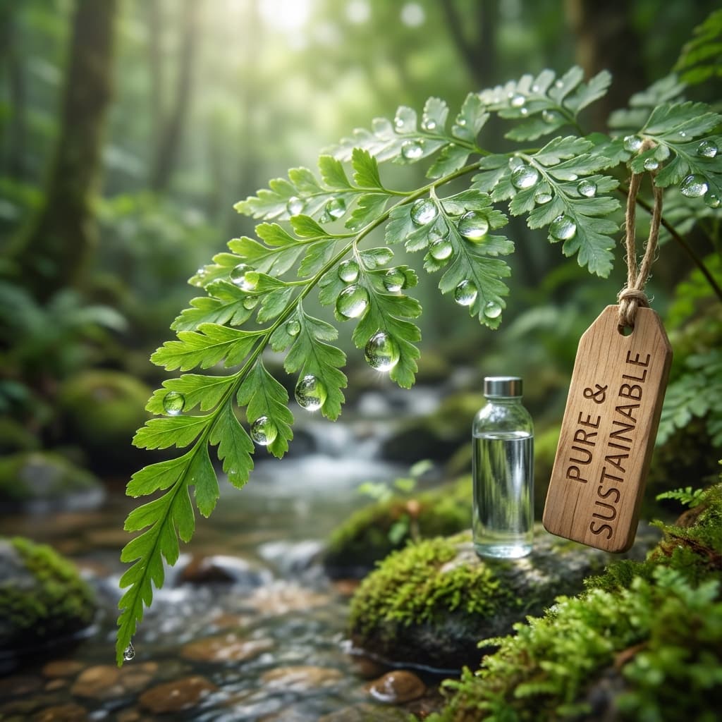 Pure water droplets on fresh green leaves representing environmental purity